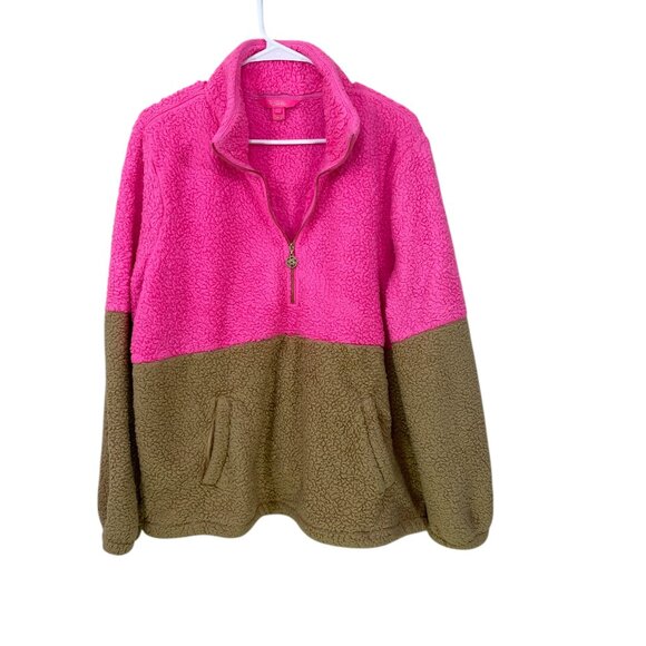 Lilly Pulitzer Quarter‎ Zip Women's XL Keala Sherpa Popover Pullover Pink/Tan - Picture 2 of 7